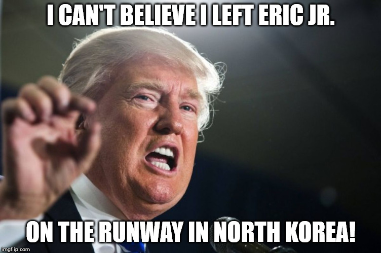 donald trump | I CAN'T BELIEVE I LEFT ERIC JR. ON THE RUNWAY IN NORTH KOREA! | image tagged in donald trump | made w/ Imgflip meme maker