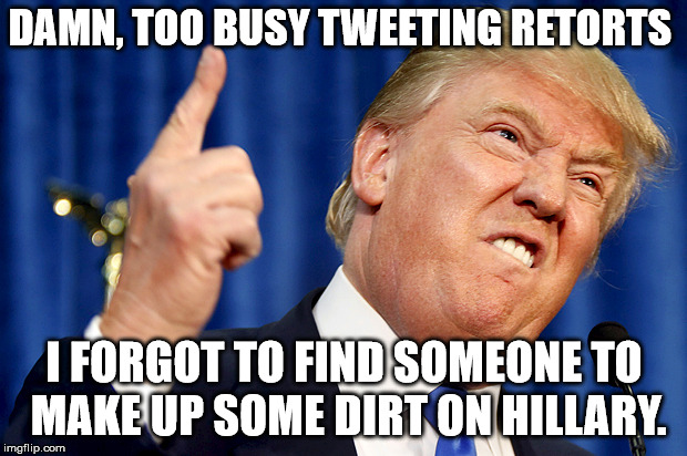 Donald Trump | DAMN, TOO BUSY TWEETING RETORTS I FORGOT TO FIND SOMEONE TO MAKE UP SOME DIRT ON HILLARY. | image tagged in donald trump | made w/ Imgflip meme maker