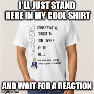 Proud Conservative Values Man | I'LL JUST STAND HERE IN MY COOL SHIRT AND WAIT FOR A REACTION | image tagged in proud conservative values man | made w/ Imgflip meme maker