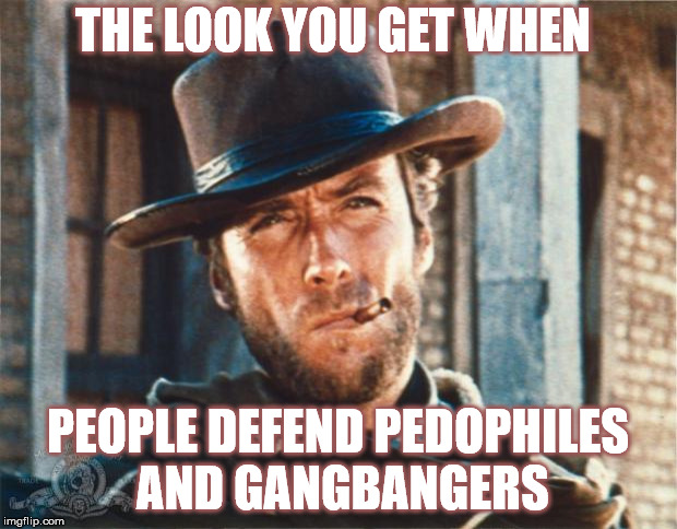 Clint Eastwood | THE LOOK YOU GET WHEN; PEOPLE DEFEND PEDOPHILES AND GANGBANGERS | image tagged in clint eastwood | made w/ Imgflip meme maker