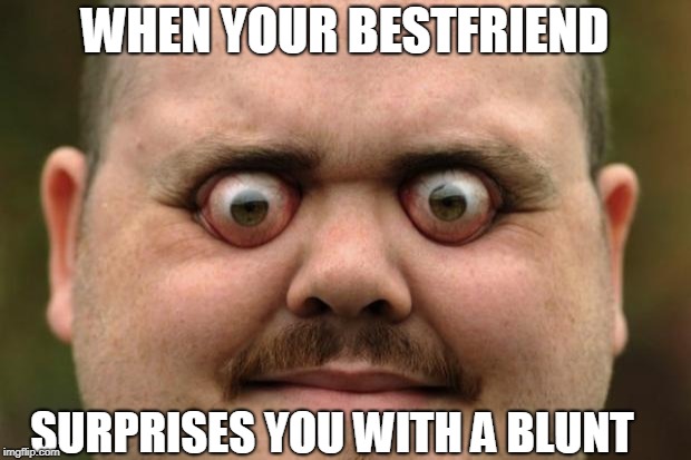 bulging eyes | WHEN YOUR BESTFRIEND; SURPRISES YOU WITH A BLUNT | image tagged in bulging eyes | made w/ Imgflip meme maker