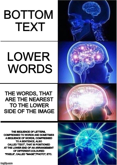 Böttöm Tëxt | BOTTOM TEXT; LOWER WORDS; THE WORDS, THAT ARE THE NEAREST TO THE LOWER SIDE OF THE IMAGE; THE SEQUENCE OF LETTERS, COMPRESSED TO WORDS AND SOMETIMES A SEQUENCE OF WORDS, COMPRESSED TO A SENTENCE, ALSO CALLED “TEXT”, THAT IS POSITIONED AT THE LOWER END OF AN ARRANGEMENT OF DIFFERENT-COLOURED “PIXELS”, CALLED “IMAGE”;”PHOTO”; ETC. | image tagged in memes,expanding brain,bottom text | made w/ Imgflip meme maker