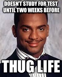 Thug Life | DOESN’T STUDY FOR TEST UNTIL TWO WEEKS BEFORE; THUG LIFE | image tagged in thug life | made w/ Imgflip meme maker