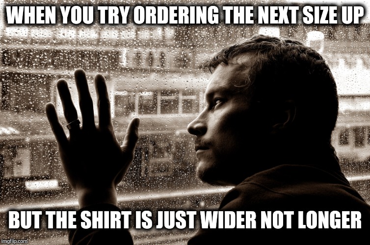 tall people problems | WHEN YOU TRY ORDERING THE NEXT SIZE UP; BUT THE SHIRT IS JUST WIDER NOT LONGER | image tagged in sad man at window | made w/ Imgflip meme maker
