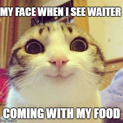 cats big eyes | MY FACE WHEN I SEE WAITER; COMING WITH MY FOOD | image tagged in cats big eyes | made w/ Imgflip meme maker