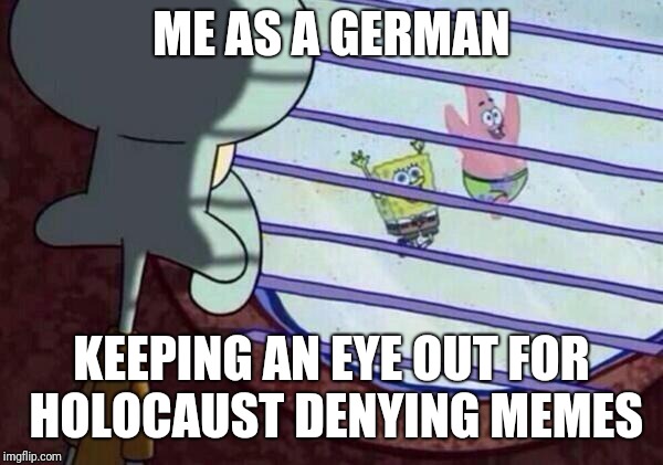 What my true mission on ImgFlip is | ME AS A GERMAN; KEEPING AN EYE OUT FOR HOLOCAUST DENYING MEMES | image tagged in squidward looking out window,truth,german,germany,holocaust | made w/ Imgflip meme maker