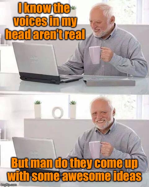 I hear voices... | I know the voices in my head aren’t real; But man do they come up with some awesome ideas | image tagged in memes,hide the pain harold,funny,hearing voices | made w/ Imgflip meme maker