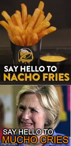 Hillary, Still Nacho President | SAY HELLO TO; MUCHO CRIES | image tagged in memes,hillary clinton,nachos,fries,town crier,one does not simply | made w/ Imgflip meme maker