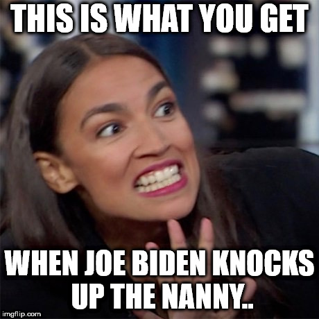 Ocasio-Cortez | THIS IS WHAT YOU GET; WHEN JOE BIDEN KNOCKS UP THE NANNY.. | image tagged in ocasio-cortez | made w/ Imgflip meme maker