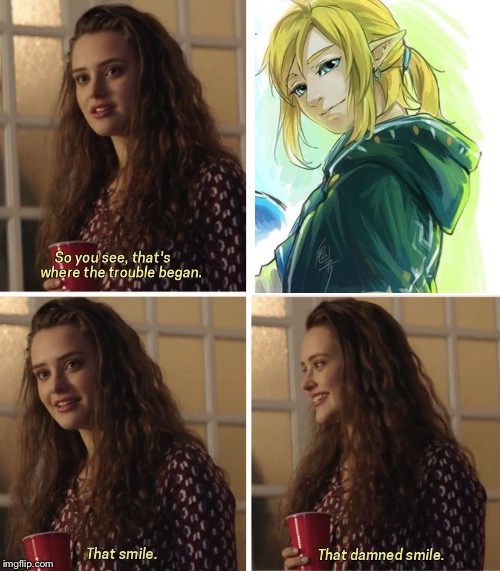 I have been searching Pinterest for HALF AN HOUR to get the perfect photo of Link smiling... | image tagged in that damn smile,memes,the legend of zelda | made w/ Imgflip meme maker
