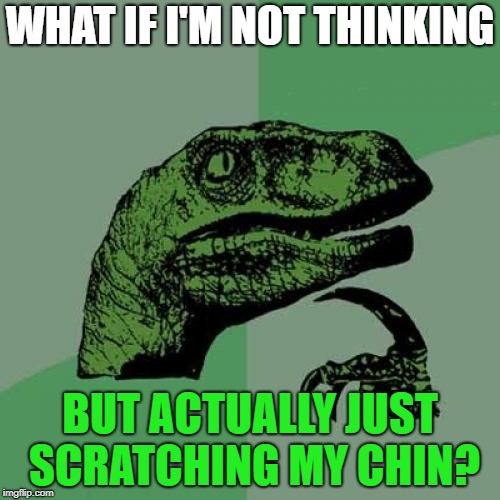 Philosoraptor Meme | WHAT IF I'M NOT THINKING; BUT ACTUALLY JUST SCRATCHING MY CHIN? | image tagged in memes,philosoraptor | made w/ Imgflip meme maker