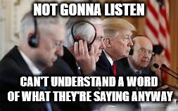 Trump not listening | NOT GONNA LISTEN CAN'T UNDERSTAND A WORD OF WHAT THEY'RE SAYING ANYWAY | image tagged in trump not listening | made w/ Imgflip meme maker