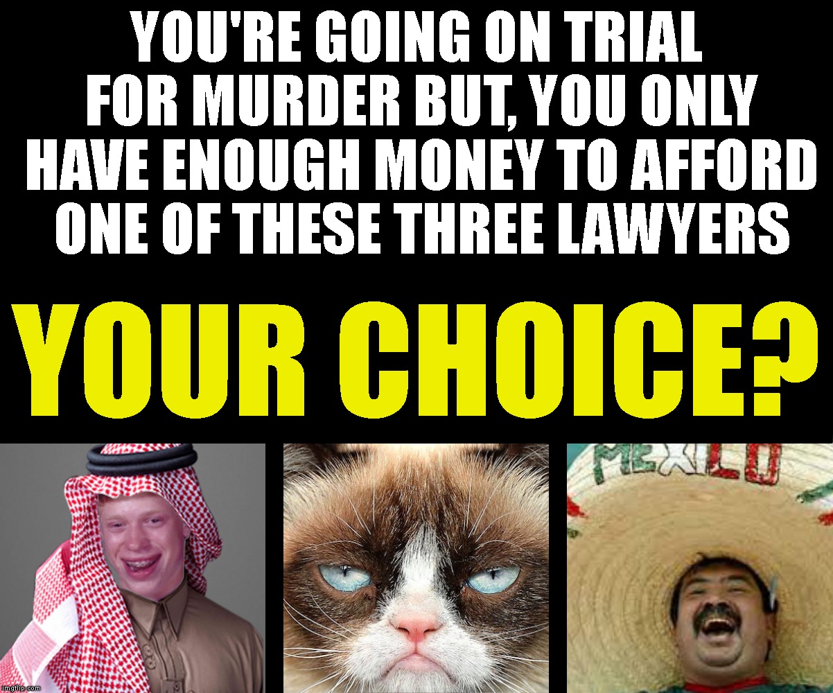 You're Screwed! | YOU'RE GOING ON TRIAL FOR MURDER BUT, YOU ONLY HAVE ENOUGH MONEY TO AFFORD ONE OF THESE THREE LAWYERS; YOUR CHOICE? | image tagged in blb,bad luck brian,grumpy cat,mexican word of the day,justice,screwed | made w/ Imgflip meme maker