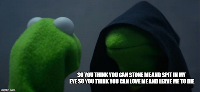 Evil Kermit Meme | SO YOU THINK YOU CAN STONE ME AND SPIT IN MY EYE
SO YOU THINK YOU CAN LOVE ME AND LEAVE ME TO DIE | image tagged in memes,evil kermit | made w/ Imgflip meme maker
