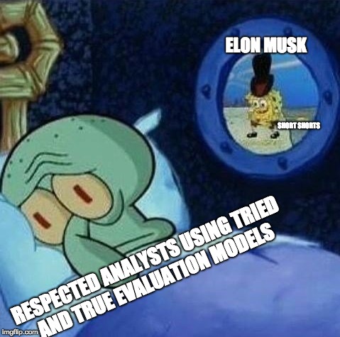 Spoons Rattling Spongebob | ELON MUSK; SHORT SHORTS; RESPECTED ANALYSTS USING TRIED AND TRUE EVALUATION MODELS | image tagged in spoons rattling spongebob | made w/ Imgflip meme maker