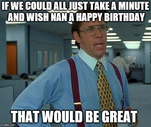 That Would Be Great Meme | IF WE COULD ALL JUST TAKE A MINUTE AND WISH NAN A HAPPY BIRTHDAY; THAT WOULD BE GREAT | image tagged in memes,that would be great | made w/ Imgflip meme maker