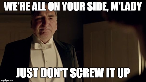 Downton Abbey Carson | WE'RE ALL ON YOUR SIDE, M'LADY; JUST DON'T SCREW IT UP | image tagged in downton abbey carson | made w/ Imgflip meme maker