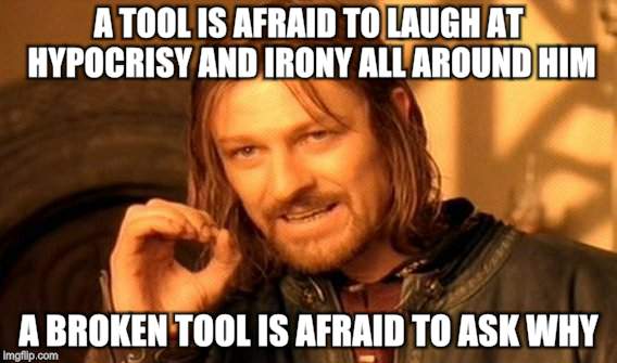 One Does Not Simply Meme | A TOOL IS AFRAID TO LAUGH AT HYPOCRISY AND IRONY ALL AROUND HIM; A BROKEN TOOL IS AFRAID TO ASK WHY | image tagged in memes,one does not simply | made w/ Imgflip meme maker