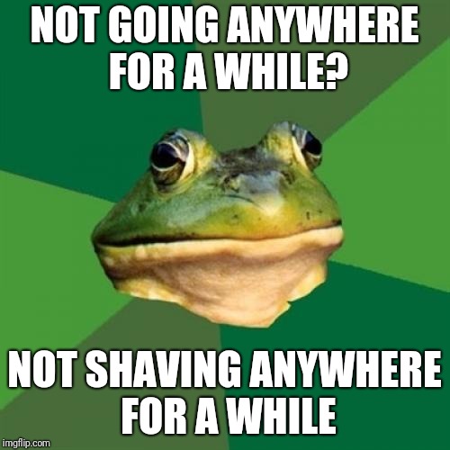 I miss this one | NOT GOING ANYWHERE FOR A WHILE? NOT SHAVING ANYWHERE FOR A WHILE | image tagged in memes,foul bachelor frog | made w/ Imgflip meme maker