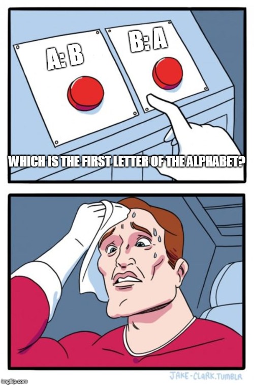 Two Buttons Meme | B: A; A: B; WHICH IS THE FIRST LETTER OF THE ALPHABET? | image tagged in memes,two buttons | made w/ Imgflip meme maker