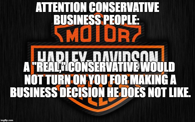 Harley-Davidson | ATTENTION CONSERVATIVE BUSINESS PEOPLE:; A "REAL," CONSERVATIVE WOULD NOT TURN ON YOU FOR MAKING A BUSINESS DECISION HE DOES NOT LIKE. | image tagged in political meme | made w/ Imgflip meme maker