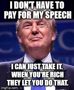 Donald Trump smug | I DON'T HAVE TO PAY FOR MY SPEECH I CAN JUST TAKE IT. WHEN YOU'RE RICH THEY LET YOU DO THAT. | image tagged in donald trump smug | made w/ Imgflip meme maker