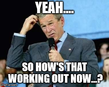 Confused Bush | YEAH.... SO HOW'S THAT WORKING OUT NOW...? | image tagged in confused bush | made w/ Imgflip meme maker