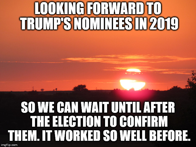redsunset | LOOKING FORWARD TO TRUMP'S NOMINEES IN 2019 SO WE CAN WAIT UNTIL AFTER THE ELECTION TO CONFIRM THEM. IT WORKED SO WELL BEFORE. | image tagged in redsunset | made w/ Imgflip meme maker