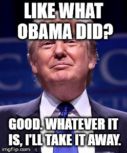 Donald Trump smug | LIKE WHAT OBAMA DID? GOOD. WHATEVER IT IS, I'LL TAKE IT AWAY. | image tagged in donald trump smug | made w/ Imgflip meme maker