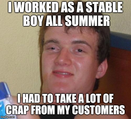 10 Guy | I WORKED AS A STABLE BOY ALL SUMMER; I HAD TO TAKE A LOT OF CRAP FROM MY CUSTOMERS | image tagged in memes,10 guy | made w/ Imgflip meme maker