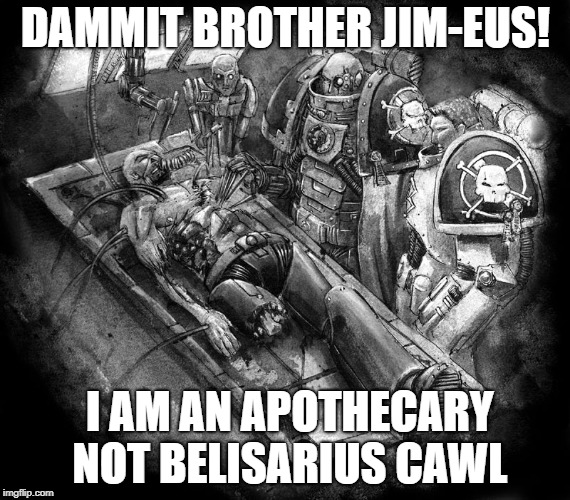 DAMMIT BROTHER JIM-EUS! I AM AN APOTHECARY NOT BELISARIUS CAWL | image tagged in star trek,bones,warhammer 40k | made w/ Imgflip meme maker