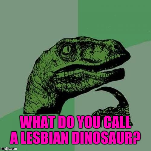 Philosoraptor Meme | WHAT DO YOU CALL A LESBIAN DINOSAUR? | image tagged in memes,philosoraptor,lick-a-lotta-puss,adult humor,lesbians | made w/ Imgflip meme maker