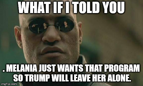 Matrix Morpheus Meme | WHAT IF I TOLD YOU . MELANIA JUST WANTS THAT PROGRAM SO TRUMP WILL LEAVE HER ALONE. | image tagged in memes,matrix morpheus | made w/ Imgflip meme maker