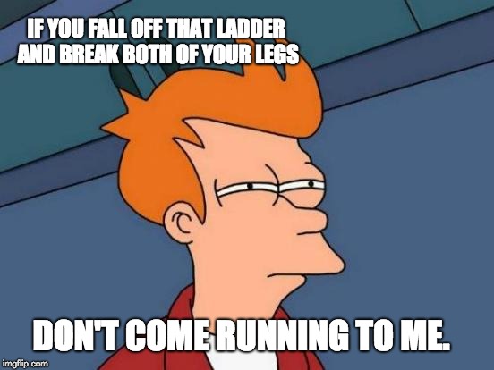 Futurama Fry | IF YOU FALL OFF THAT LADDER AND BREAK BOTH OF YOUR LEGS; DON'T COME RUNNING TO ME. | image tagged in memes,futurama fry | made w/ Imgflip meme maker