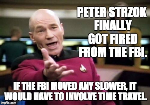 Picard Wtf | PETER STRZOK FINALLY GOT FIRED FROM THE FBI. IF THE FBI MOVED ANY SLOWER, IT WOULD HAVE TO INVOLVE TIME TRAVEL. | image tagged in memes,picard wtf | made w/ Imgflip meme maker