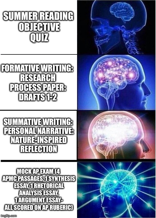 Expanding Brain | SUMMER READING OBJECTIVE QUIZ; FORMATIVE WRITING: RESEARCH PROCESS PAPER: DRAFTS 1-2; SUMMATIVE WRITING: PERSONAL NARRATIVE: NATURE-INSPIRED REFLECTION; MOCK AP EXAM (4 APMC PASSAGES, 1 SYNTHESIS ESSAY, 1 RHETORICAL ANALYSIS ESSAY, 1 ARGUMENT ESSAY- ALL SCORED ON AP RUBERIC) | image tagged in memes,expanding brain | made w/ Imgflip meme maker