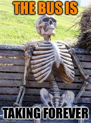 Waiting Skeleton Meme | THE BUS IS; TAKING FOREVER | image tagged in memes,waiting skeleton | made w/ Imgflip meme maker