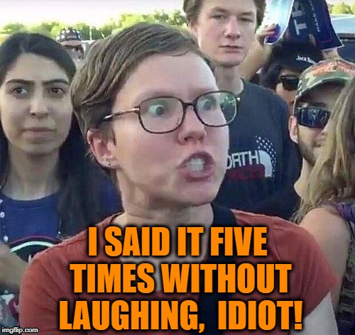 foggy | I SAID IT FIVE TIMES WITHOUT LAUGHING,  IDIOT! | image tagged in triggered feminist | made w/ Imgflip meme maker