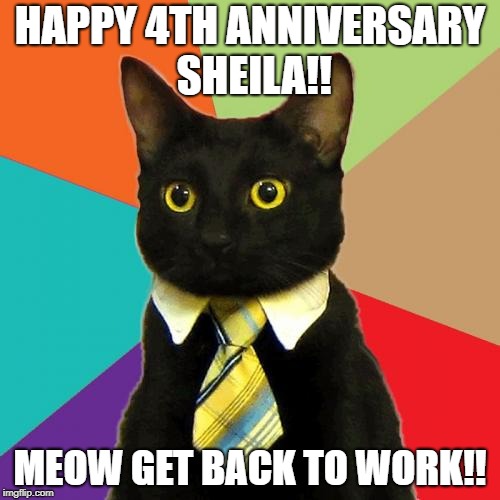 Business Cat | HAPPY 4TH ANNIVERSARY SHEILA!! MEOW GET BACK TO WORK!! | image tagged in memes,business cat | made w/ Imgflip meme maker