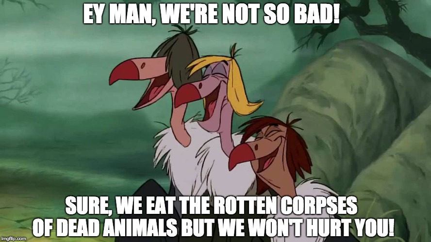 jungle book vultures | EY MAN, WE'RE NOT SO BAD! SURE, WE EAT THE ROTTEN CORPSES OF DEAD ANIMALS BUT WE WON'T HURT YOU! | image tagged in jungle book vultures | made w/ Imgflip meme maker