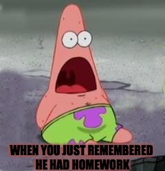Suprised Patrick | WHEN YOU JUST REMEMBERED HE HAD HOMEWORK | image tagged in suprised patrick | made w/ Imgflip meme maker