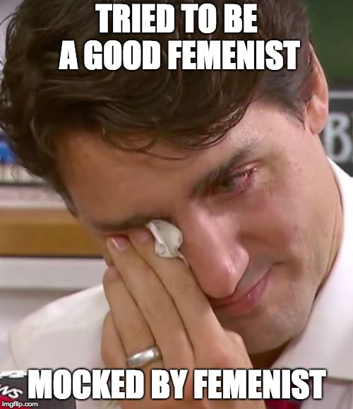Justin Trudeau Crying | TRIED TO BE A GOOD FEMENIST; MOCKED BY FEMENIST | image tagged in justin trudeau crying | made w/ Imgflip meme maker