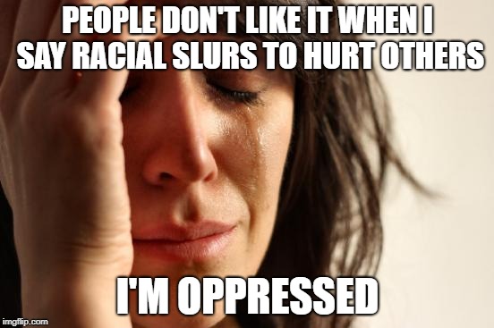 racism in a nutshell |  PEOPLE DON'T LIKE IT WHEN I SAY RACIAL SLURS TO HURT OTHERS; I'M OPPRESSED | image tagged in memes,first world problems,racism,oppression,political | made w/ Imgflip meme maker