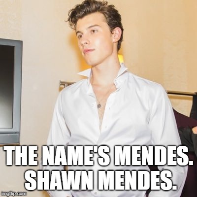 THE NAME'S MENDES. SHAWN MENDES. | image tagged in celebrity,shawn mendes | made w/ Imgflip meme maker