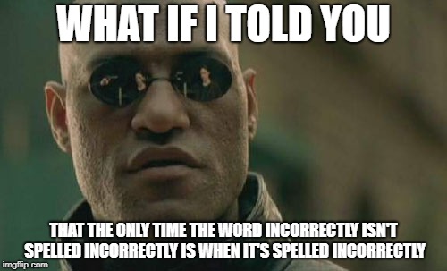 Matrix Morpheus Meme | WHAT IF I TOLD YOU; THAT THE ONLY TIME THE WORD INCORRECTLY ISN'T SPELLED INCORRECTLY IS WHEN IT'S SPELLED INCORRECTLY | image tagged in memes,matrix morpheus | made w/ Imgflip meme maker