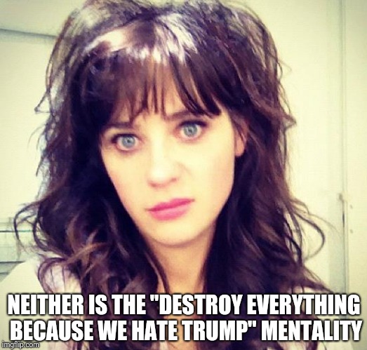 Zooey Deschanel | NEITHER IS THE "DESTROY EVERYTHING BECAUSE WE HATE TRUMP" MENTALITY | image tagged in zooey deschanel | made w/ Imgflip meme maker