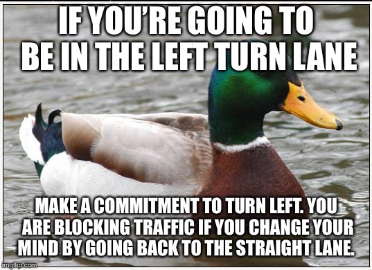 Actual Advice Mallard Meme | IF YOU’RE GOING TO BE IN THE LEFT TURN LANE; MAKE A COMMITMENT TO TURN LEFT. YOU ARE BLOCKING TRAFFIC IF YOU CHANGE YOUR MIND BY GOING BACK TO THE STRAIGHT LANE. | image tagged in memes,actual advice mallard,AdviceAnimals | made w/ Imgflip meme maker
