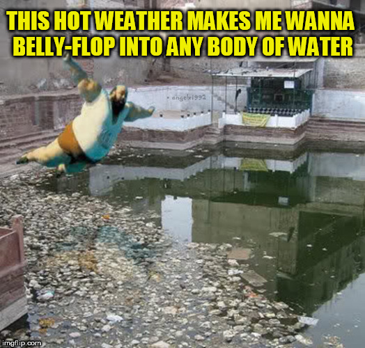 THIS HOT WEATHER MAKES ME WANNA BELLY-FLOP INTO ANY BODY OF WATER | image tagged in belly flop,dive,pool,fat man,swimming,summer | made w/ Imgflip meme maker