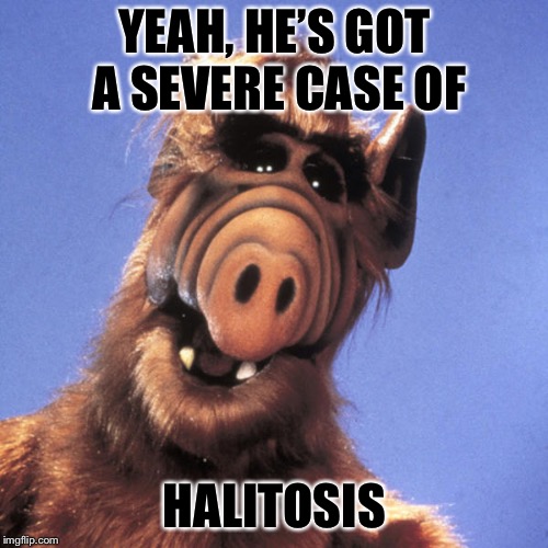 Alf  | YEAH, HE’S GOT A SEVERE CASE OF HALITOSIS | image tagged in alf | made w/ Imgflip meme maker