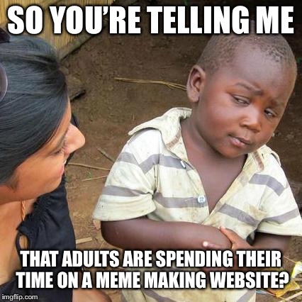 I’m truly surprised by the number of adults on imgflip. | SO YOU’RE TELLING ME; THAT ADULTS ARE SPENDING THEIR TIME ON A MEME MAKING WEBSITE? | image tagged in memes,third world skeptical kid | made w/ Imgflip meme maker